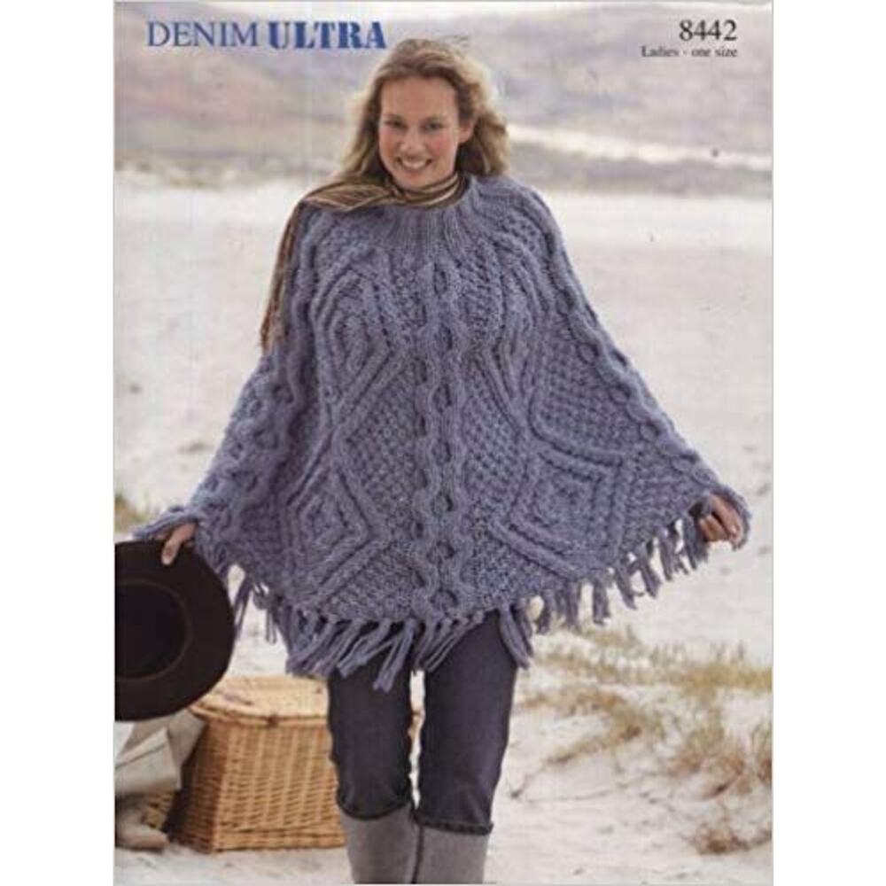 New Sirdar 8442 Denim Ultra Ladies Cabled Fringed Poncho Knitting Pattern - Picture 2 of 2